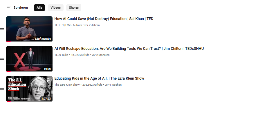 Youtube Übersicht von Ted Talks